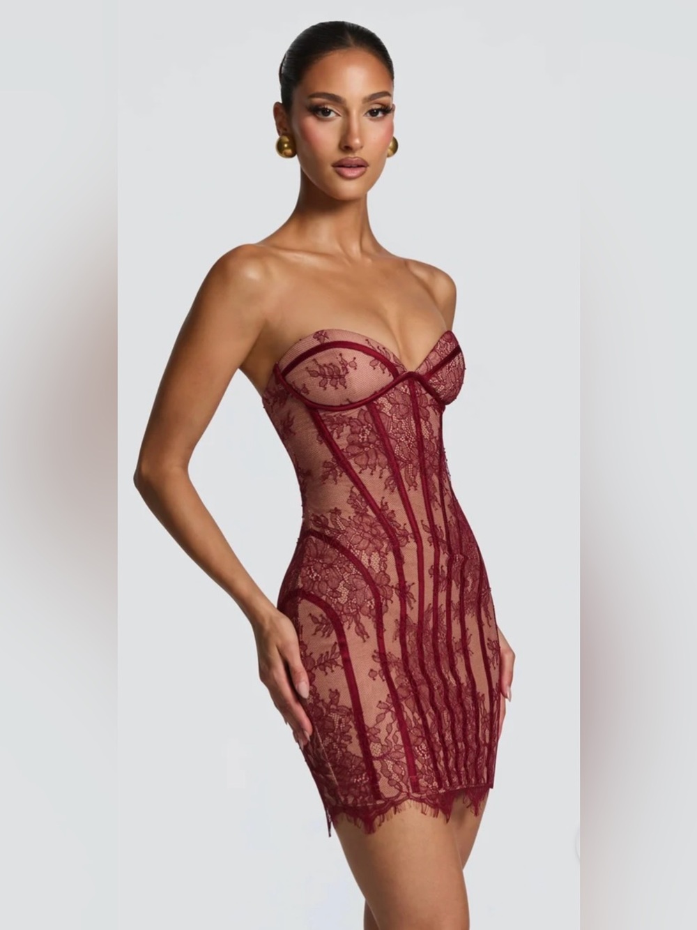 Lace Croset Bustier Dress in Burgundy - SIAN MINI DRESS - BURGUNDY - BABYBOO